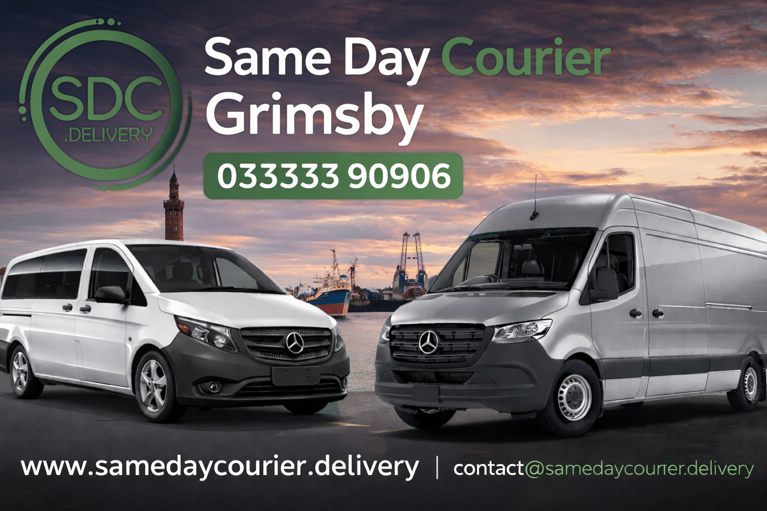 Same Day Courier in Grimsby with SDC Delivery vans at Grimsby Docks, offering urgent same day delivery services – Call 033333 90906