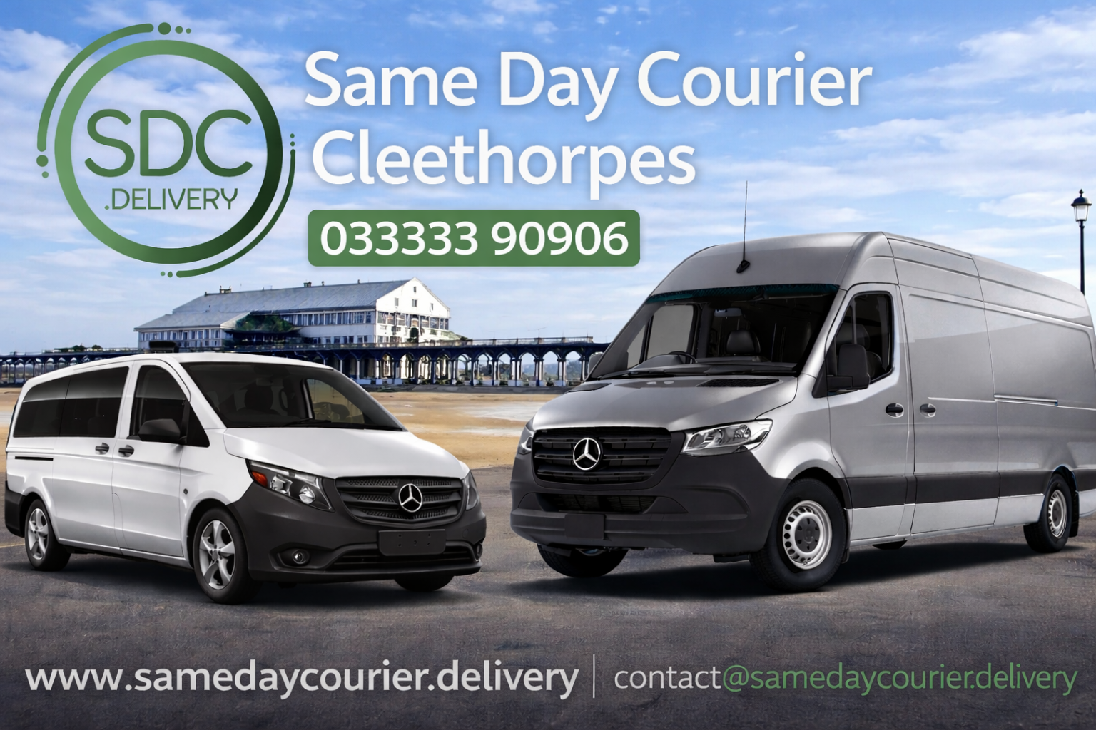 Same Day Courier Mercedes vans in Cleethorpes seafront area providing urgent same day delivery service