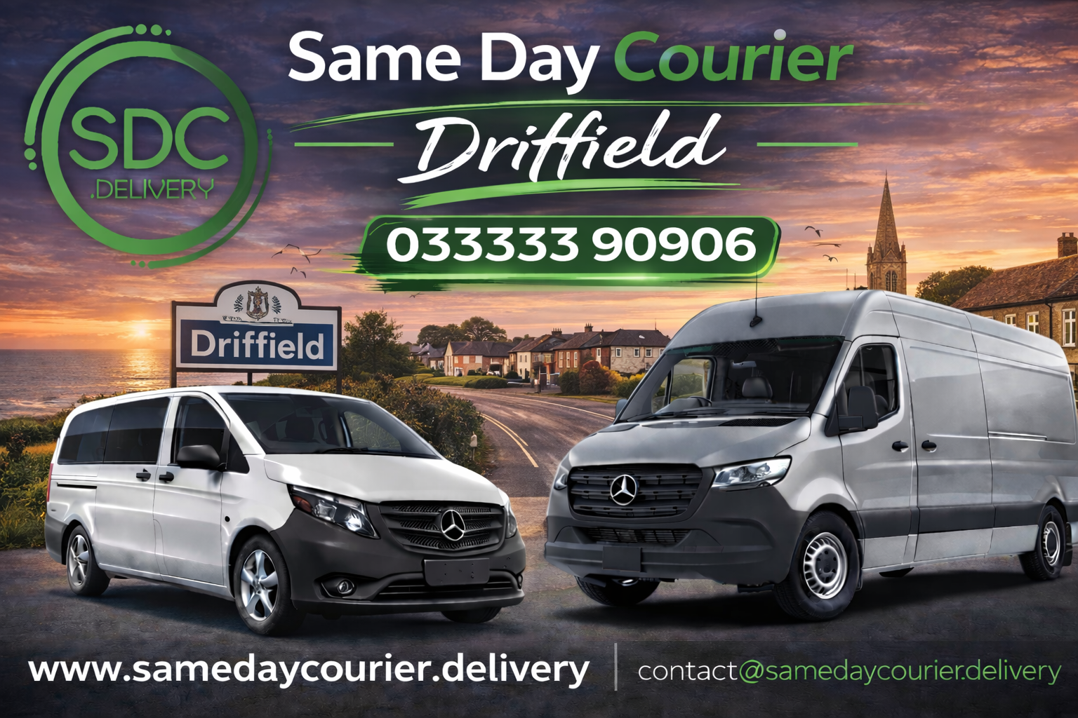 Same Day Courier branded vans in Driffield town centre providing urgent same day delivery service