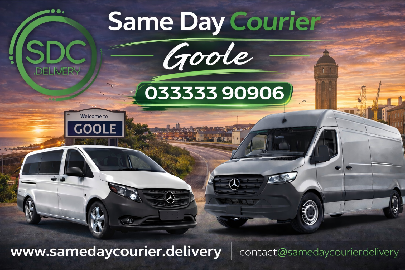 Same Day Courier branded vans in Goole town centre providing urgent same day delivery service