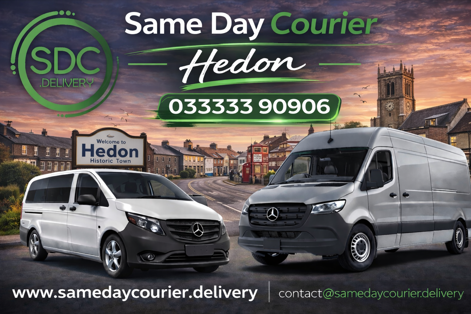 Same Day Courier branded vans in Hedon providing urgent same day delivery service