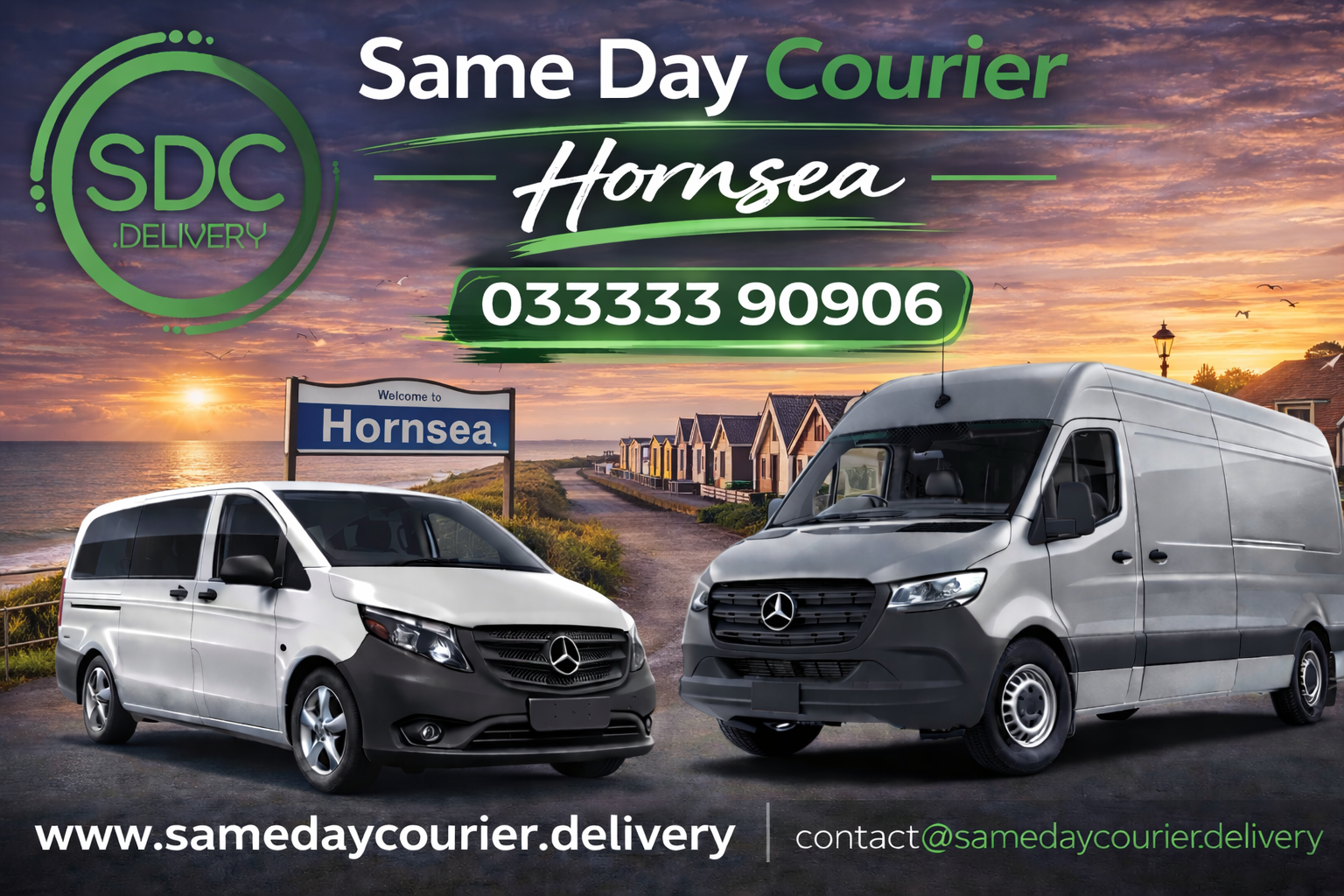 Same Day Courier branded vans in Hornsea providing urgent same day delivery service