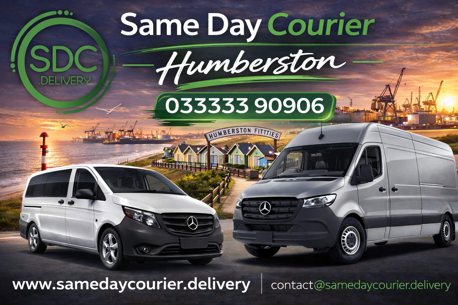 Same Day Courier branded vans in Humberston providing urgent same day delivery service