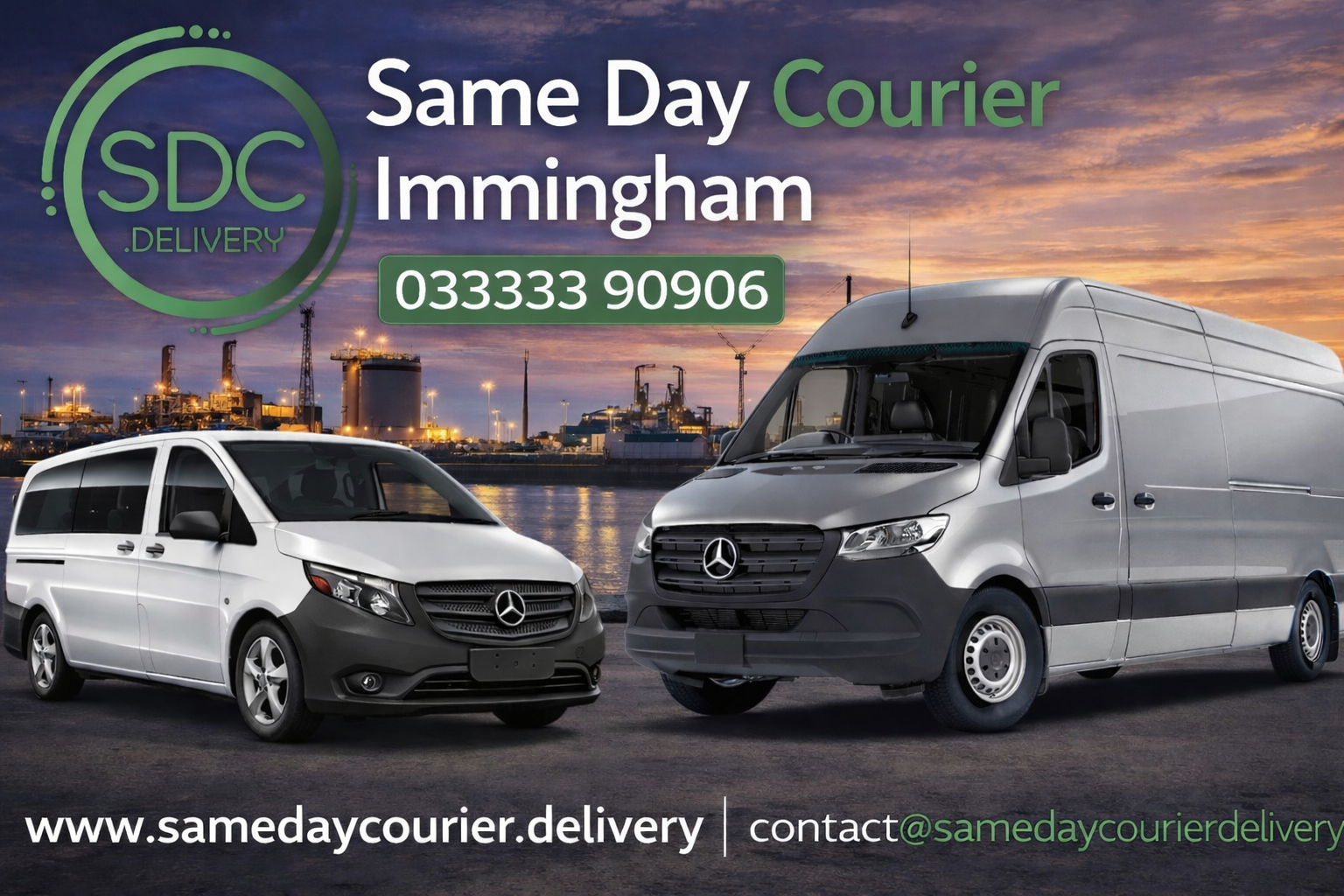 Same Day Courier branded vans in Immingham providing urgent same day delivery service