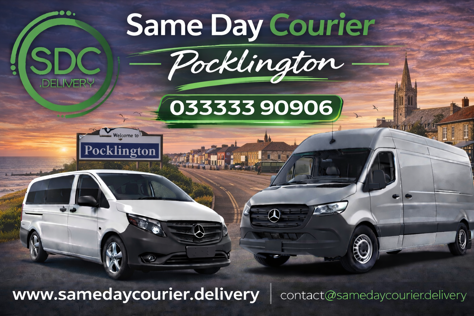 Same Day Courier branded vans in Pocklington providing urgent same day delivery service