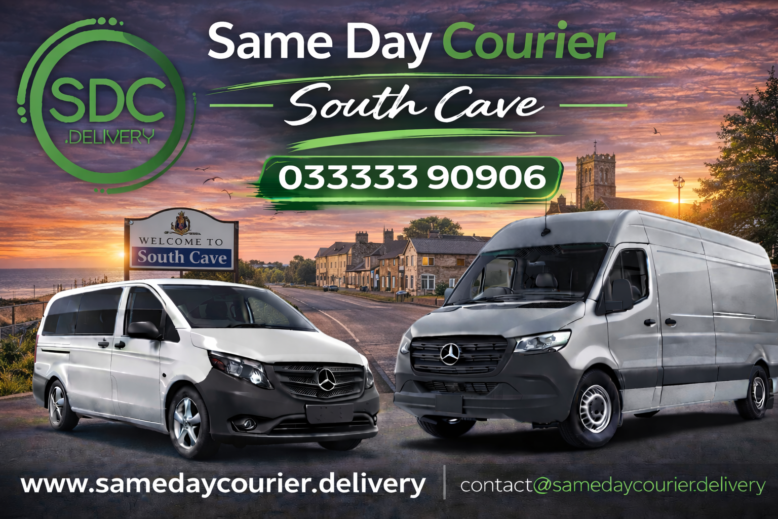 Same Day Courier branded vans in South Cave providing urgent same day delivery service