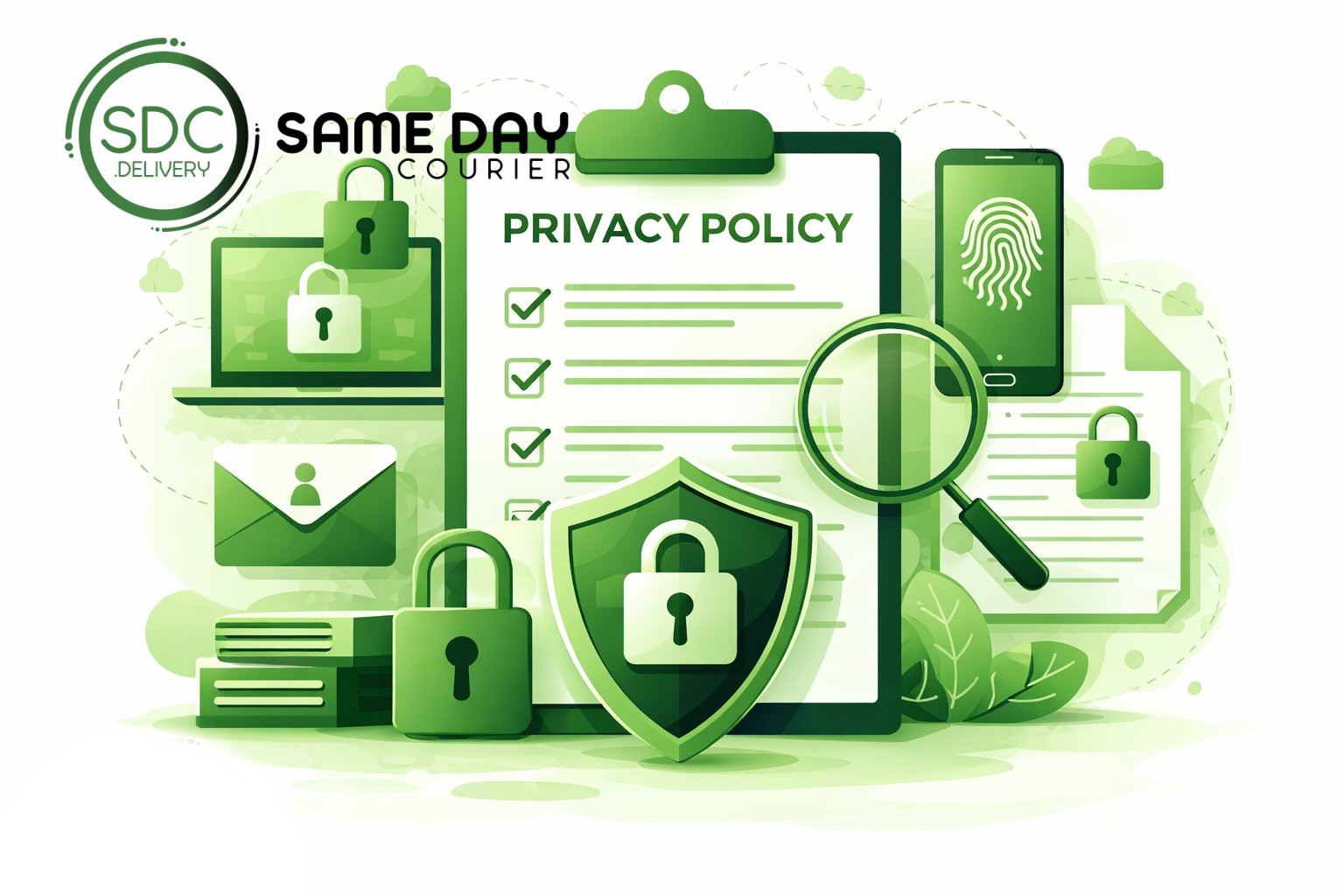 Same Day Courier privacy policy illustration with secure data protection and SDC Delivery logo
